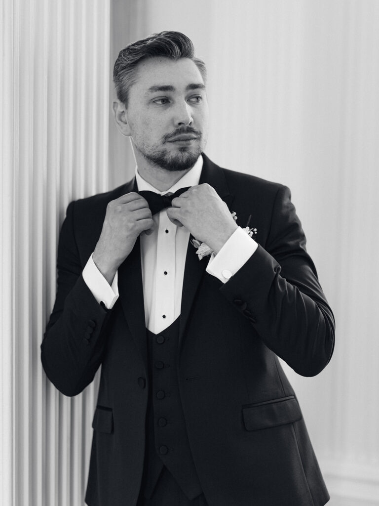 black and white portrait of groom at Hawkstone Hall