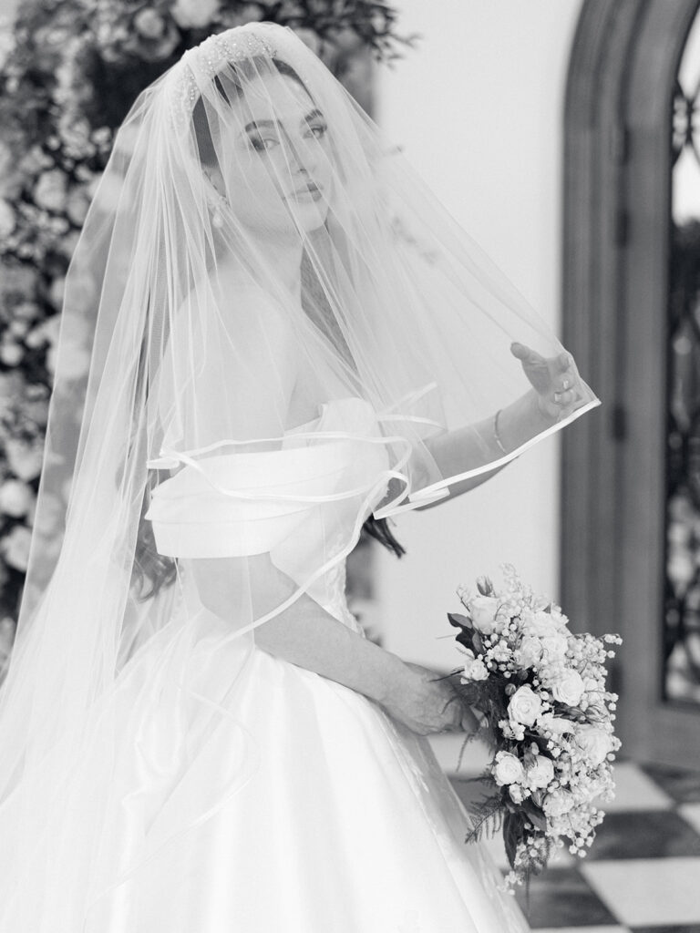 black and white bridal portrait at Hawkstone Hall